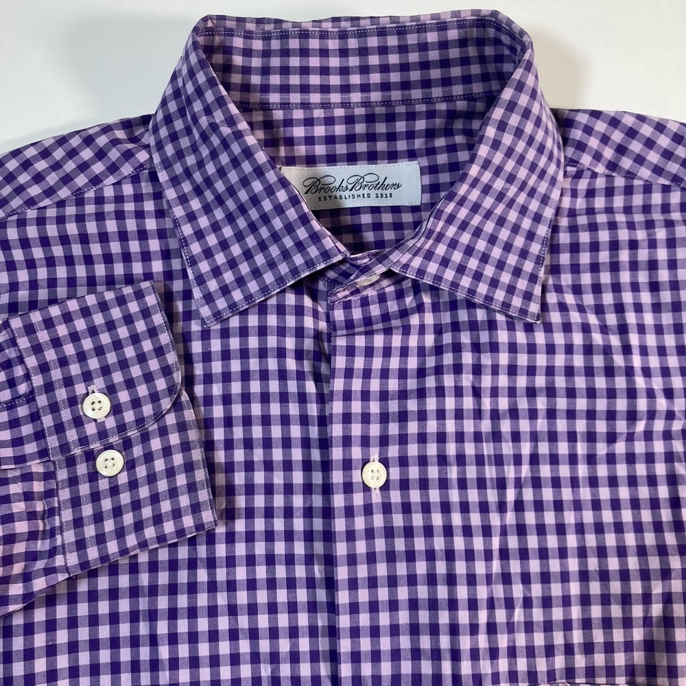 Brooks Brothers Oxford Shirt 16 32/33 (L/XL) Non Iron Purple Check Long Sleeve - Picture 1 of 7